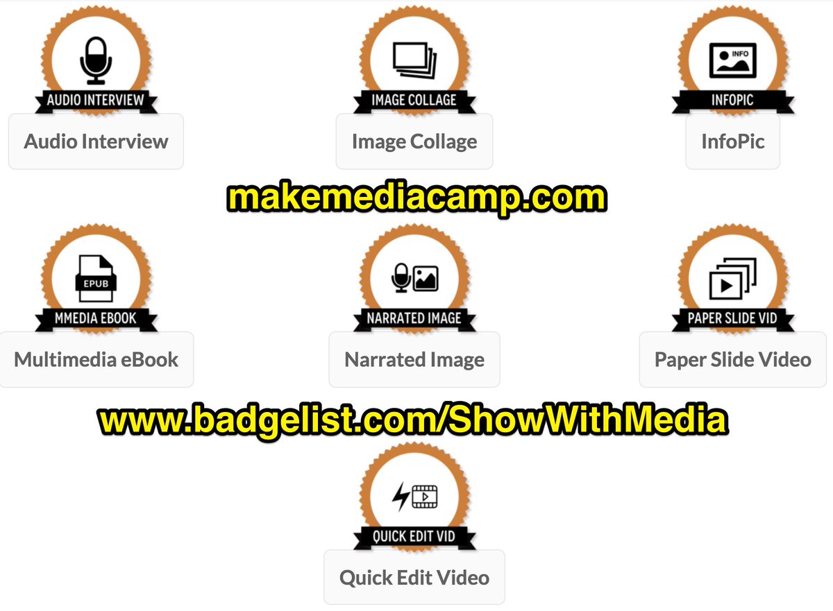 makemediacamp's tweet image. We've updated the media project badges (with workflows) on the "Show with Media" @BadgeList group in advance of tomorrow's #MakeMediaCamp workshop in Kansas City! #create2learn #edtech badgelist.com/ShowWithMedia/…
