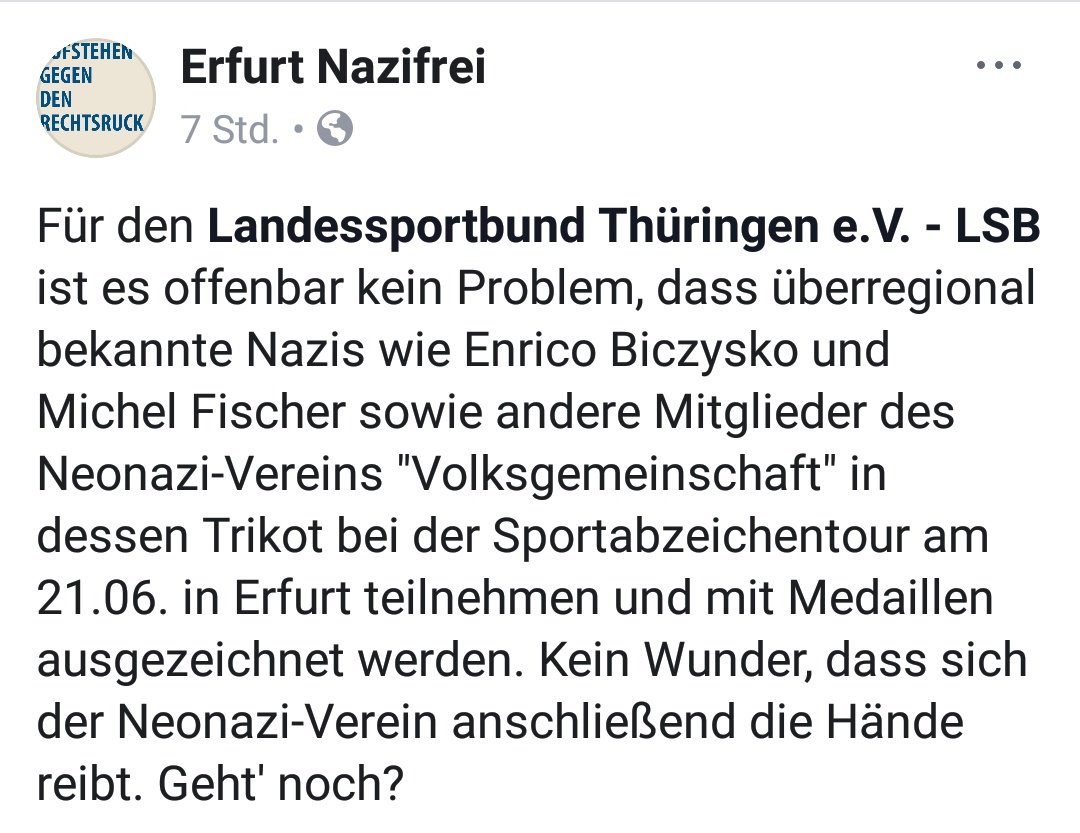 real_plaetzef's tweet photo. Unfassbar: In #Erfurt haben stadtbekannte Nazis im Steigerwaldstadion bei einer Veranstaltung des Landessportbundes #Thueringen ihr Sportabzeichen abgelegt und mit Medaillen ausgezeichnet. #nonazis #FCKNZS https://t.co/nMUEhwCKWi