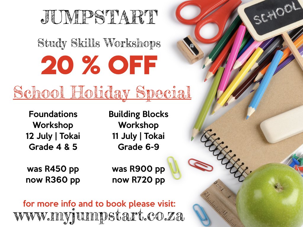 Do you have a child in grade 4-9? Do you want to empower them to attain higher academic marks? We are offering a 20% discount for our upcoming school holiday workshops. For more info &amp; to book: myjumpstart.co.za