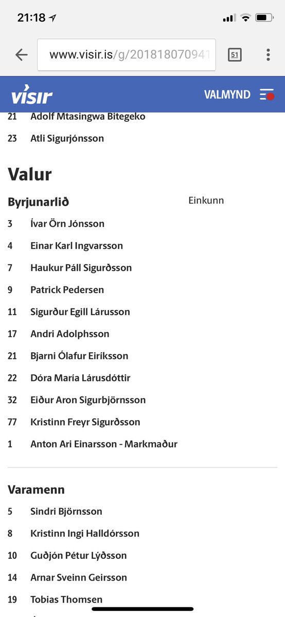 Ánægjulegt að sjá Valsmenn tefla fram “fjölbreyttu” liði á móti  KR í kvöld! <a href="/VisirSport/">Sportið á Vísi</a> - leikmaður no 22 kemur sterkur inn enda flottur leikmaður!