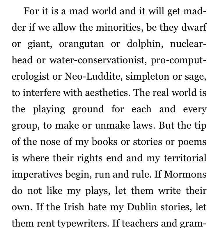 Like I can feel Bradbury's certainty that this essay is full of zings but it's so clear that what he was writing about was never about society, it was about one writer--and now I guess, one type of reader/writer--feeling threatened and territorial