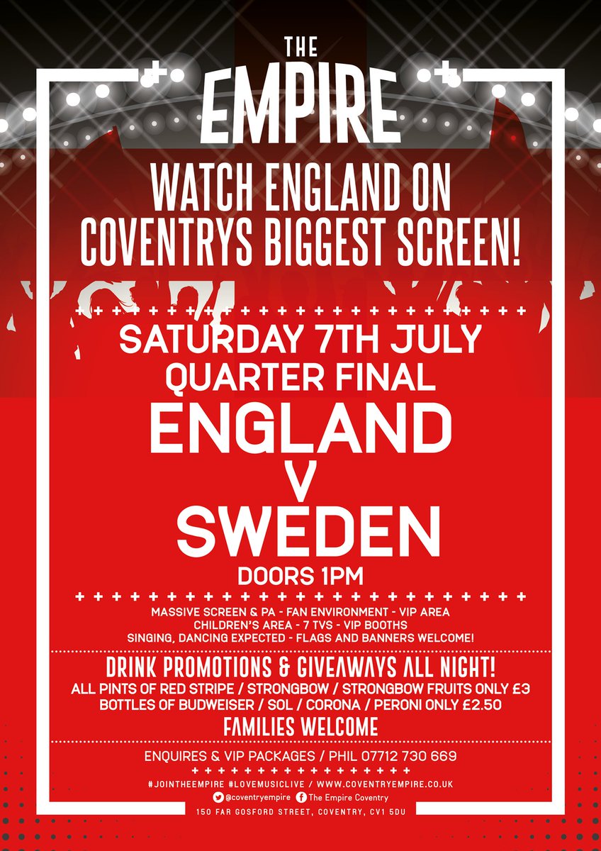 🍺 WORLD CUP DRINKS PROMOTIONS 🍺
BOTTLED LAGER - £2.50 ALL DAY!
SOL ✅
BUDWEISER ✅
CORONA ✅

PINTS OF LAGER & CIDER - £3.00 ALL DAY! 
KRONENBOURG ✅
RED STRIPE ✅
STRONGBOW ✅
STRONGBOW FRUITS ✅
FISHBOWLS ✅ £6 @CoventryUpdates @CoVUpdate @Covhour @CoventryEmpire @FMConline87