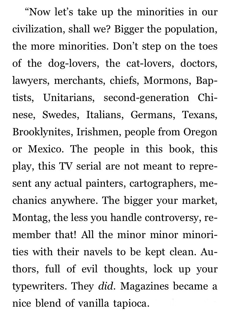 This is a character in Fahrenheit 451 explaining how books got banned. There's a reason the writing is so broad. There’s just no logical explanation for how you get from here to there, for how shunning Milo would lead to the fall of civilization