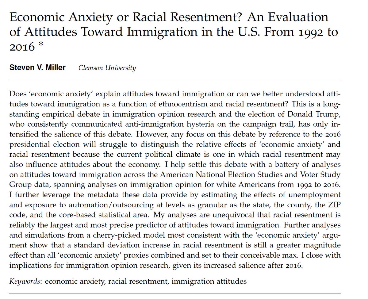 stevenvmiller's tweet image. NEW (working) PAPER: "Economic Anxiety or Racial Resentment? An Evaluation of Attitudes Toward Immigration in the U.S. From 1992 to 2016" 

Findings: racial resentment swallows "economic anxiety" in explaining immigration attitudes.

github.com/svmiller/earr