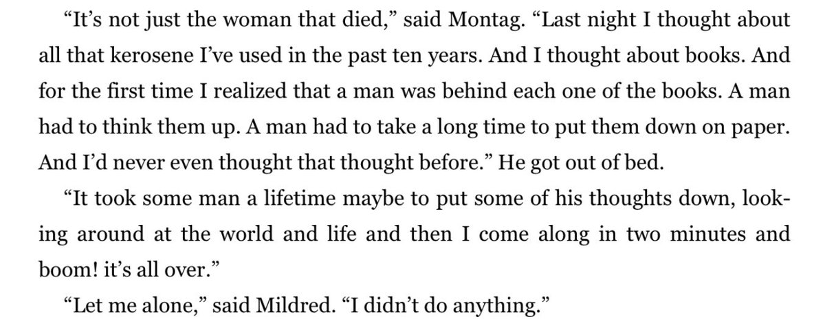 Anyway Fahrenheit 451 is a terrible book on every level but I love the part where the protagonist has an epiphany about how all books are written by men and his wife doesn’t gaf