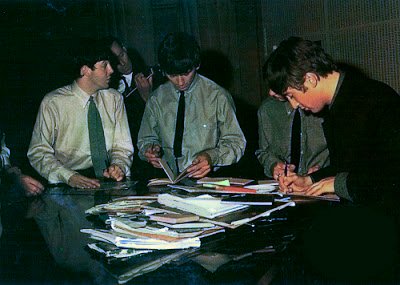 #TheBeatles signing autographs during the recording of "She Loves You" at Abbey Road Studios, 1st July 1963