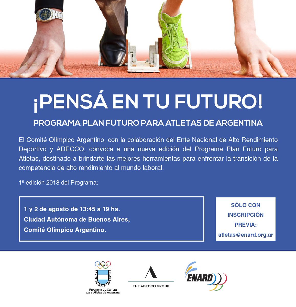 enardinfo's tweet photo. Convocatoria para la 1ª edición PLAN FUTURO 2018: @PrensaCOA , con la colaboración de @adeccoAR y el ENARD, brinda una nueva oportunidad de capacitación para encarar el ámbito laboral luego de tu carrera deportiva. Más info: https://t.co/AO0lDuQgGz Consultas: atletas@enard.org.ar https://t.co/pwgDNPO6w8