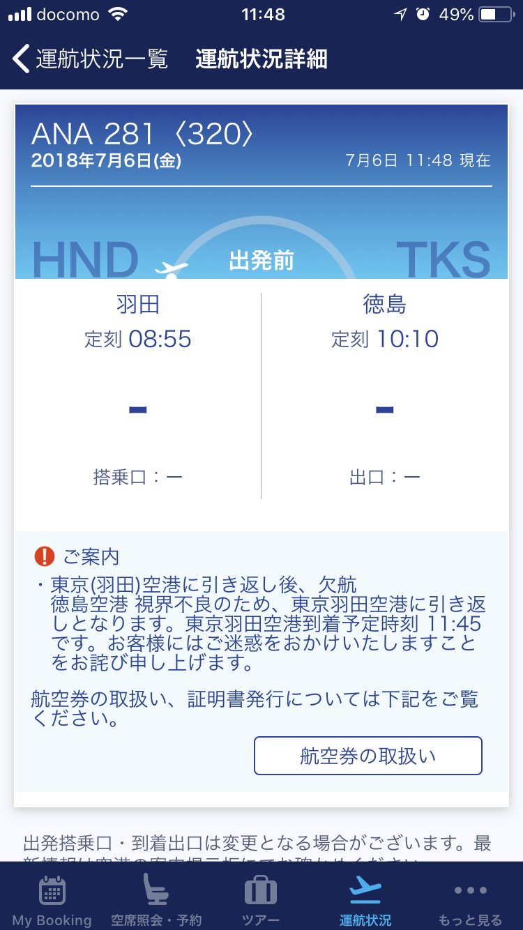 航空情報 Airplaneinformation エアターンバック 引き返し発生 東京 羽田発 徳島行き Ana 全日空 Nh281便 徳島空港 視界不良のため 東京 羽田空港に引き返します 当該便は欠航となります T Co Mm6ztfxef1 Twitter