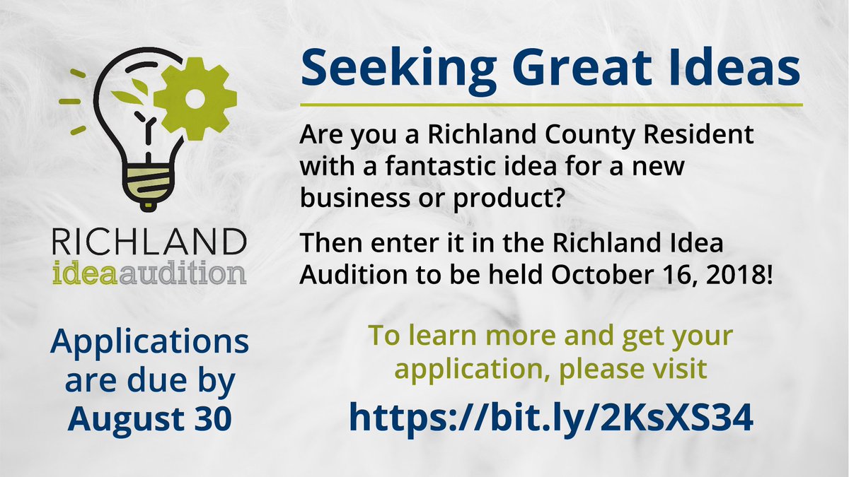 Did you catch this? We're seeking great ideas here in Richland County...and we're ponying up some cash! Don't miss the 1st Richland Idea Audition, October 16th. Deadline to enter-August 30th! Get more info at tinyurl.com/y87cn72o @RichlandFoundat <a href="/braintreebdc/">Braintree</a> <a href="/chooserichland/">RCDG</a>