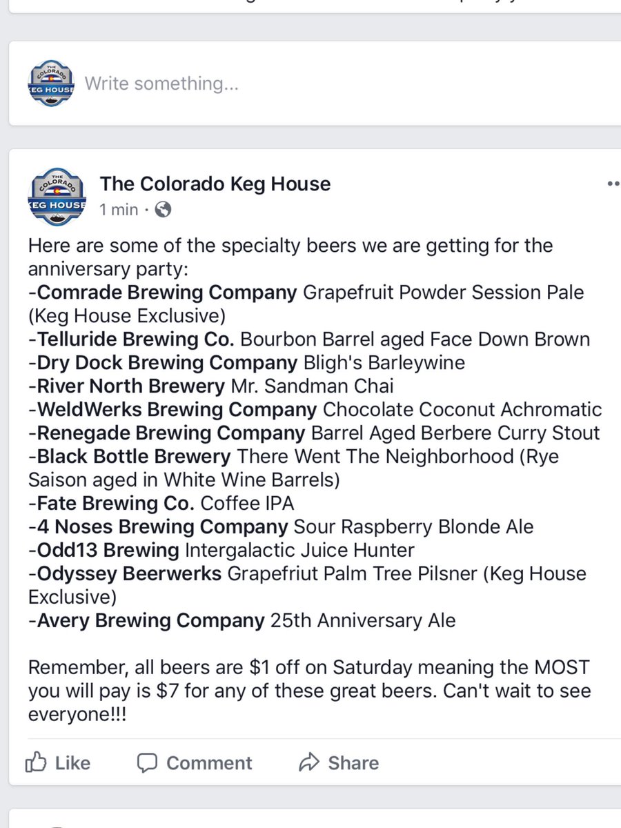 Some of the rare beers we will have on Saturday for our 4 year anniversary party.
@Comrade, <a href="/TellurideBrew/">Telluride Brewing Co</a>, <a href="/DryDockBrewing/">Dry Dock Brewing</a>, <a href="/rivernorthbrew/">River North Brewery</a>, <a href="/WeldWerksBrewCo/">WeldWerks Brewing Co.</a>, <a href="/RenegadeBrewing/">Renegade Brewing</a>, <a href="/BlackBottleBrew/">Black Bottle Brewery</a>, <a href="/FateBrewingCo/">FATE Brewing Company</a>, @4NosesBrewingCo, <a href="/odd13brewing/">Odd13 Brewing</a>, @OdysseyBeerwrks, <a href="/AveryBrewingCo/">Avery Brewing Co.</a>