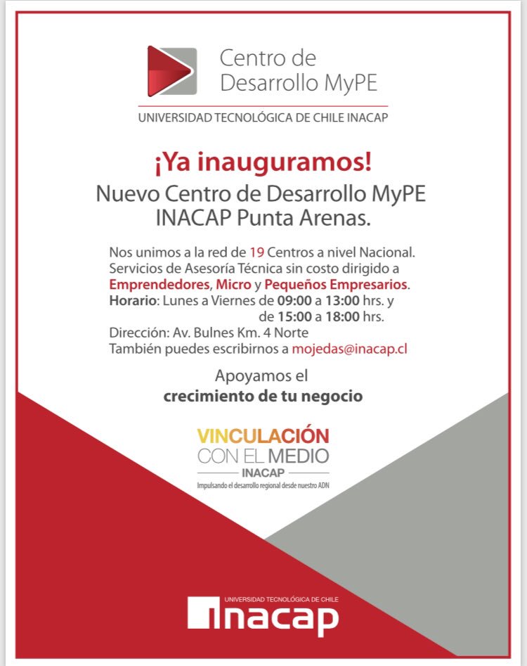 InacapMyPE's tweet photo. Para contribuir al fortalecimiento de las empresas de menor tamaño la #UniverisdadINACAP inaugura en #PuntaArenas el Centro de Desarrollo MyPE, un espacio de apoyo a emprendedores y emprendedoras #AportandoAlDesarrolloRegional #Chile https://t.co/Kd1rUHKo8R