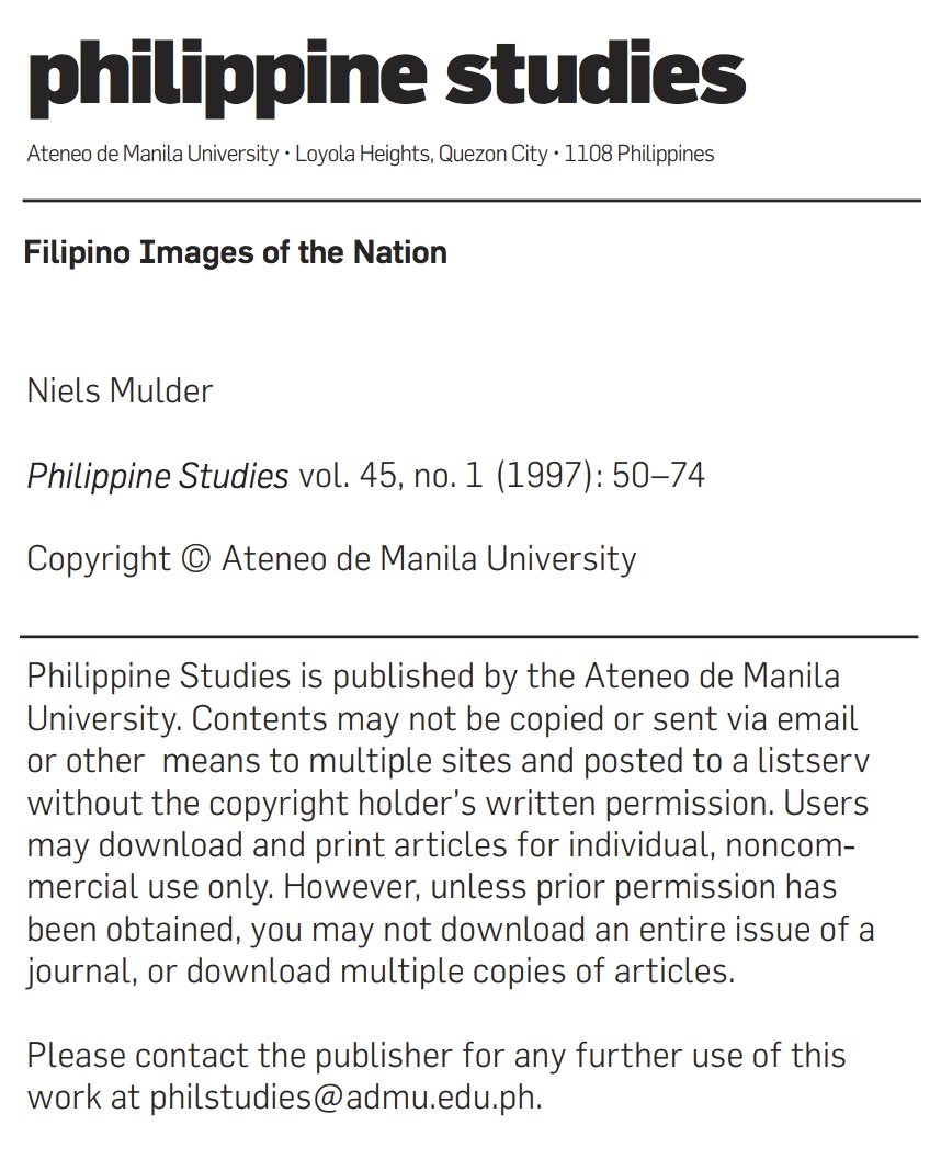 4. Mulder's FILIPINO IMAGES OF THE NATION which underscores the role of the middle class in advancing nationalism (and the failure thereof) through cultivating collective imagination in the public sphere.Available at  http://www.philippinestudies.net/files/journals/1/articles/2511/public/2511-2509-1-PB.pdf