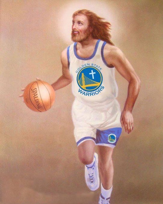 Willspeakstruth's tweet photo. BREAKING NEWS!  
Jesus Christ himself just signed to the #Warriors ...   
#lakers have no chance 
#lebron is screwed.  #nba is rigged. https://t.co/eBeBuc84rt