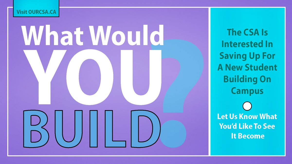 Recently, CUE’s Administration and your CSA had serious discussions about the addition of a new CSA building to the centre of CUE’s campus. 
Head on over to ourcsa.ca to let us know what you'd like to see in a new student building on campus.
#getsocial #CSA #CUE