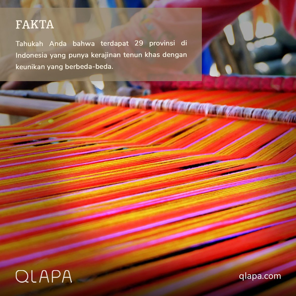 Ada ratusan jenis tenun yang biasanya jadi lambang keunikan dari daerah penghasilnya. Masing-masing punya karakter sebagai pencerminan jati diri bangsa Indonesia yang plural dan sangat Indonesia.

#faktaIndonesia #qlapa #supportlocal #tenun #Indonesia
