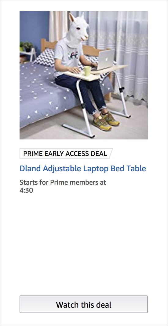 sarahcassady's tweet photo. What. Is. Happening?? Dude in the lamb head mask is totally selling me this table. No lamb-headed model in product photos on actual product page though... 🤔 @amazonca #PrimeDay2018 https://t.co/YUIc5YJtQt