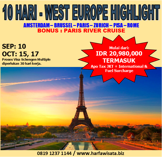 harfawisata's tweet photo. 10 HARI - WEST EUROPE HIGHLIGHT
AMSTERDAM – BRUSSEL – PARIS – ZURICH – PISA – ROME
BONUS : PARIS RIVER CRUISE
Proses Visa Schengen Multiple diperlukan 30 hari kerja.

Book : 0819 1237 1144 https://t.co/sdUSd2255G