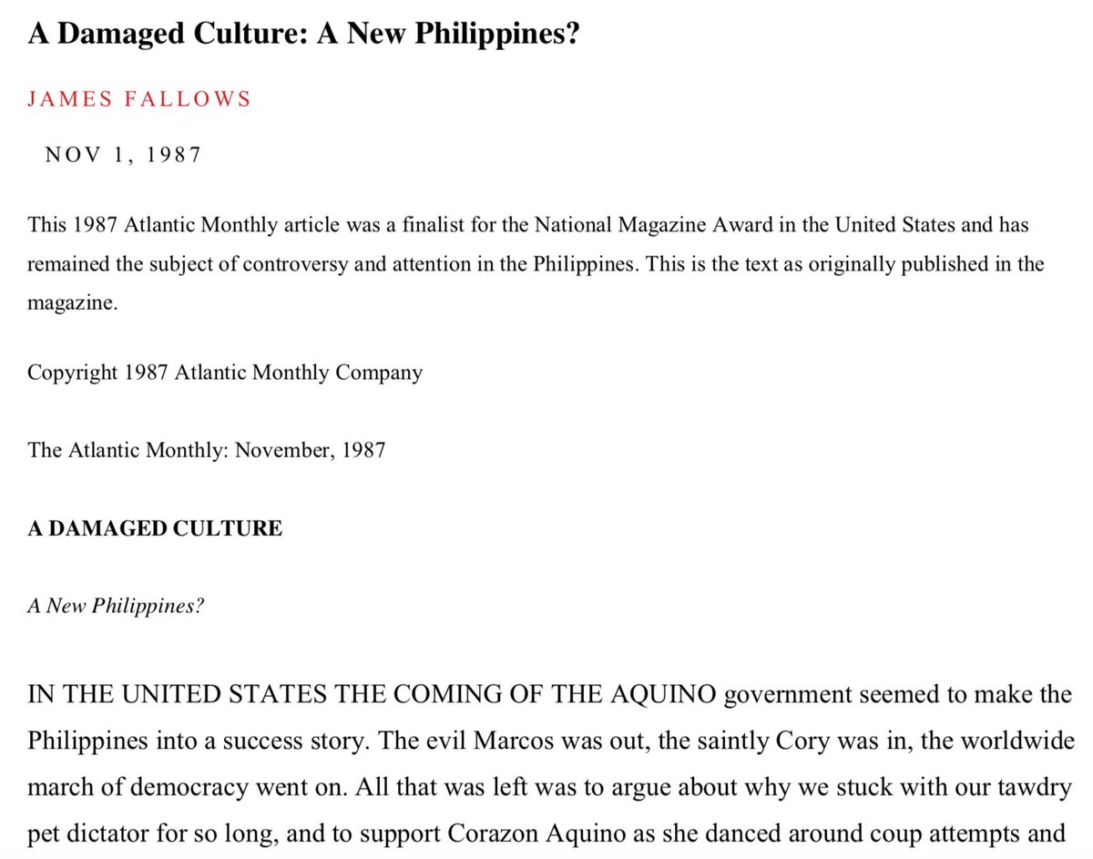 7. Fallows' "A DAMAGED CULTURE: A NEW PHILIPPINES?" which cites phenomena and practices under the Filipino culture that are instrumental in the overall stagnation (and even backwardness) of the country.Available at  https://www.scribd.com/document/100188936/A-Damaged-Culture