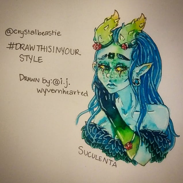 Here's another one of my #drawinyourstyle pieces this time of @CrystalBeastie 's #oc Suculenta 
#girlswithhorns #babely #succulents #thorns #watercolorportrait
