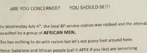 A RACIST letter asking people to make a note when they see African or Sudanese people on the streets and tell police has been distributed to businesses and homes in Montmorency >> heraldsun.com.au/leader/north/c… <a href="/DVLeader/">DiamondValley Leader</a> <a href="/BanyuleCouncil/">Banyule City Council</a> <a href="/VickiWardMP/">Vicki Ward MP 🌈</a>