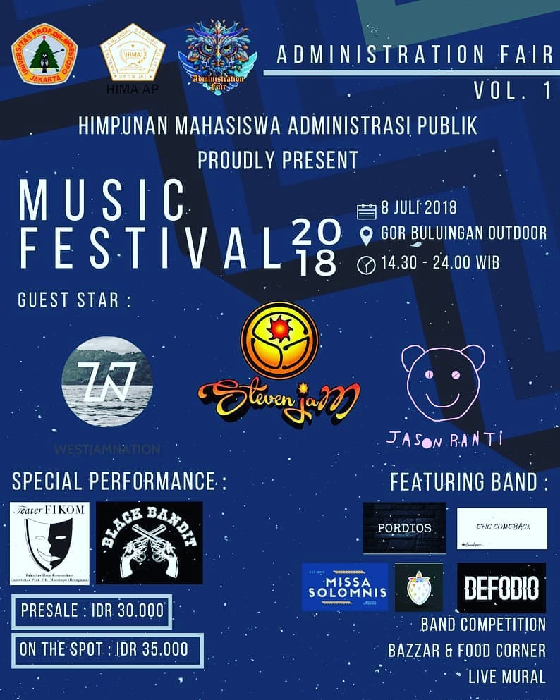 Halo Bro n'Sista masyarakat Jakarta dan sekitarnya, Yuks Jamming Lagi..
Himpunan Mahasiswa Administrasi Publik
Present
MUSIC FESTIVAL 2018
Minggu 8 Juli 2018
At GOR BULUNGAN OUTDOOR
BLOK M Jakarta Selatan
Start : 14.00 - 23.00 Wib HTM 35.000 
#stevenjam
#kawananstevenjam
#Reggae