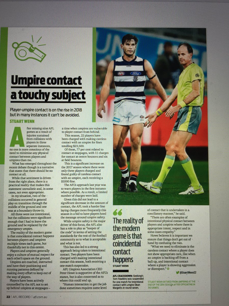 ICYMI : <a href="/AFL/">AFL</a> player-umpire contact is on the rise in 2018 but in many instances it can’t be avoided or is reasonable as part of normal human interaction.