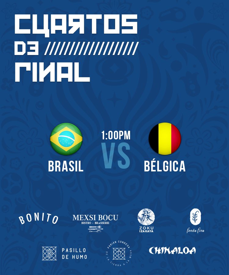 BracoMX's tweet photo. Los esperamos en los restaurantes de #GrupoBONITO para ver el partido #BrasilVSBélgica y brindar cada vez que Neymar se caiga durante el partido ⚽🍻🏆
—
#BonitoPopFood #BONITOPalmas #MexsiBocu #FondaFina #PasilloDeHumo #ParianCondesa #ZokuIzakaya #Chinaloa https://t.co/fNKMHr3l19
