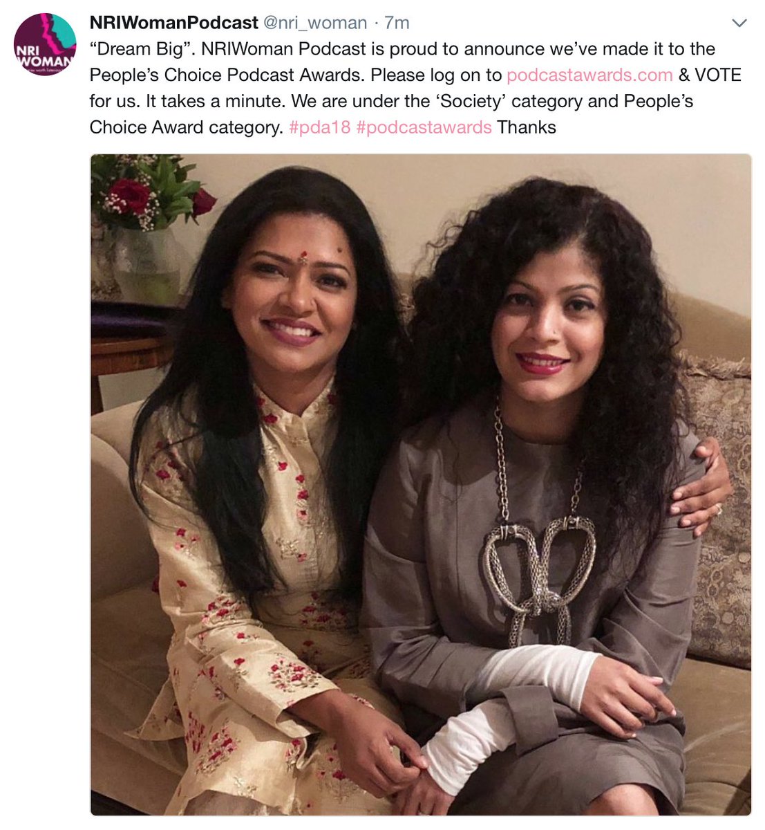 nri_woman's tweet photo. We are nominated for an award. Please support NRIWoman Podcast in the ‘Society’ category and People’s choice awards category!  https://t.co/Rd5xUQXFQP We are grateful
#pda18 #shepodcasts #ladypodsquad #podknife #podernfamily https://t.co/mSSq95ljgo