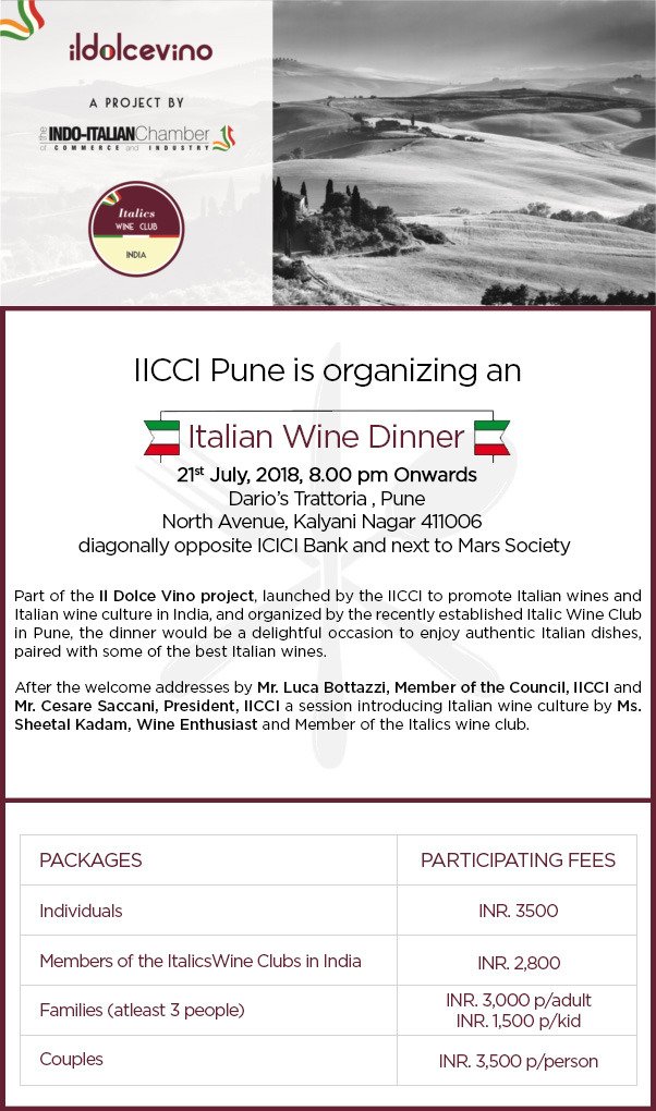 IndiaItaly's tweet photo. Requested to confirm your participation and with the participating fees to the IICCI by 19th July. italicswineclub@indiaitaly.com or call Ms. Eleonora Barichello at +91 8291491694. 
#indiaitaly #wine #event #iicci #pune  #italicswineclub #India #Italy #july #dinner #foodandwine https://t.co/YtYlbZ2Ry1