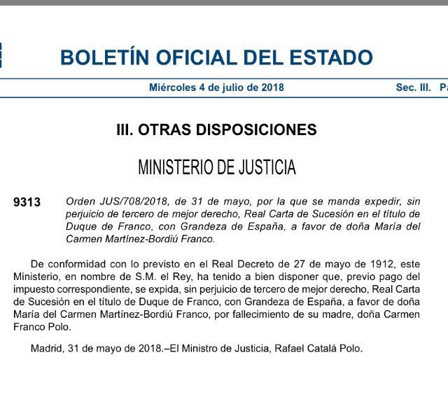 anyelinehg's tweet image. Si, Carmen Martínez Bordiú, petite-fille de Franco, est aujourd’hui « duchesse de Franco et grande d’Espagne » c’est grâce au Roi Felipe VI. Sans sa signature, ce titre nobiliaire aurait disparu. La monarchie en Espagne n’abandonne pas son passé franquiste. #ShameonSpain