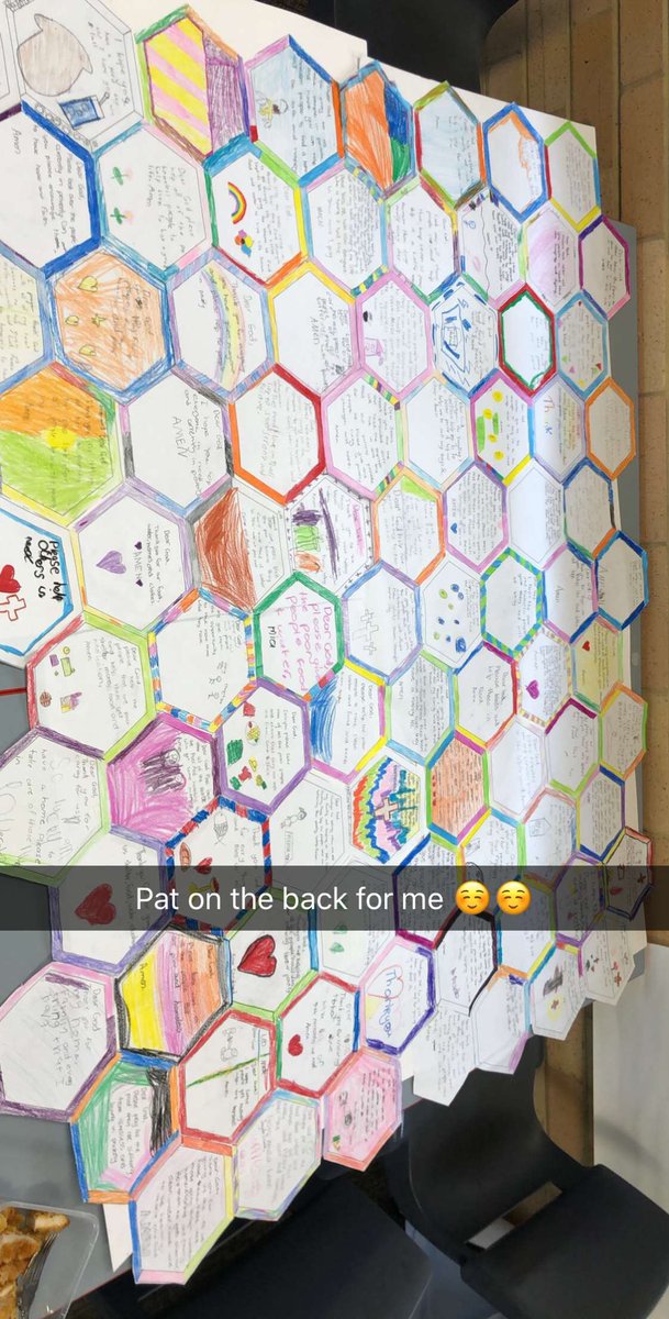 Last day of practicum. Hard work gluing all these hexagons together 😅😅 students had to write a pray in the middle and colour it in #stvincentdepaulday #acuedu