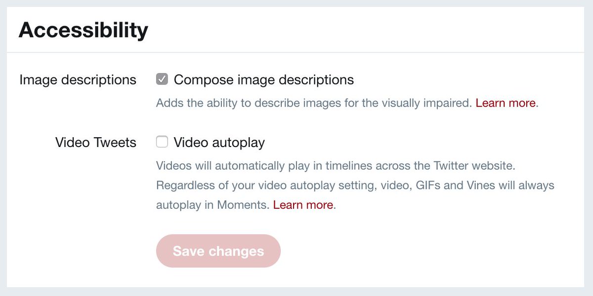 A screenshot of the Twitter Accessibility page. The "compose image descriptions" box is checked.