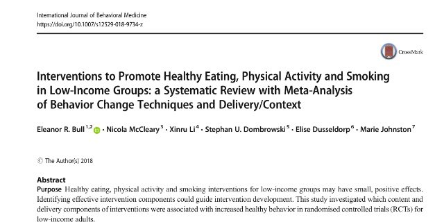 Dr Eleanor Bull (@bull_eleanor) on Twitter photo Effective combinations of techniques to help low-income communities eat well and be active: our new paper out now rdcu.be/2WAZ Effective combinations of techniques to help low-income communities eat well and be active: our new paper out now rdcu.be/2WAZ