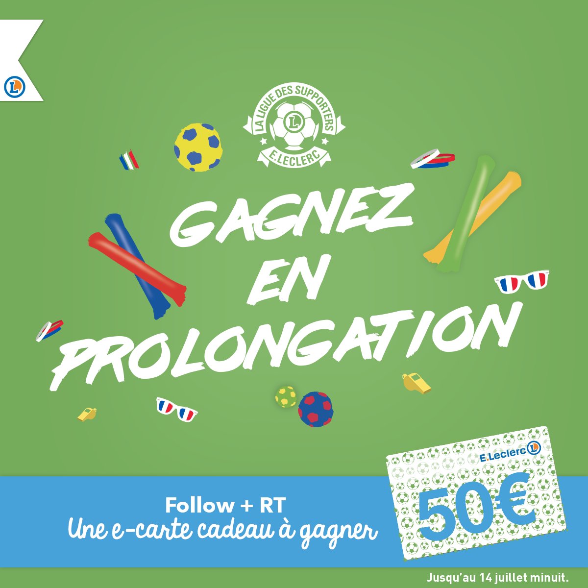Leclerc's tweet photo. Le week-end s'annonce sportif les amis ! Tentez de gagner avec la #LigueDesSupporters une e-carte cadeau de 50€. Plus simple qu'un tir au but, Follow + RT pour participer. Bonne chance à tous et à nous la finale. #Jeu #Concours #FRACRO https://t.co/xjDPCdRIZW