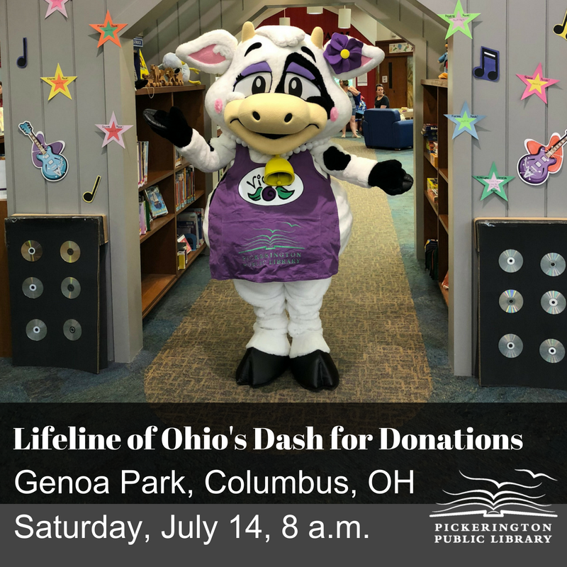 pickeringtonlib's tweet photo. We're excited to announce that #ViolettheCow will be participating in @LifelineofOhio's #DashforDonations! She'll be running in the Kids and Mascots Dash, tomorrow morning at 8 a.m. at Genoa Park in Downtown Columbus. Join us, tomorrow, to cheer her on! https://t.co/9nQLXCB9ed