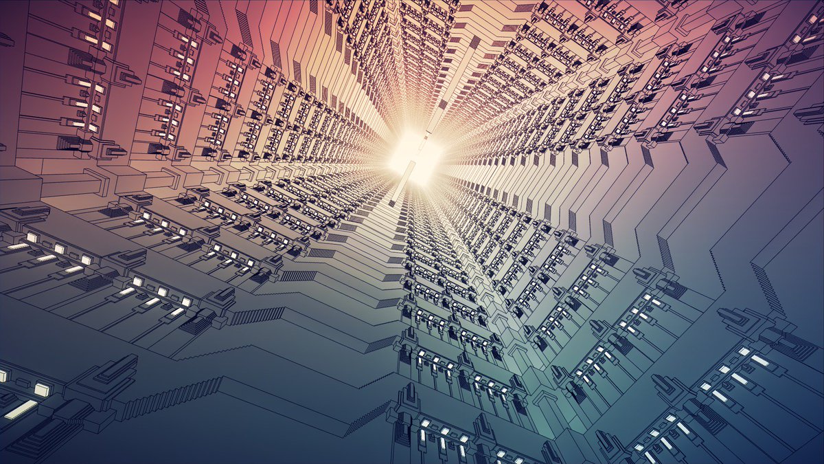 Stylized image of looking up at what seems to be an infinite atrium.