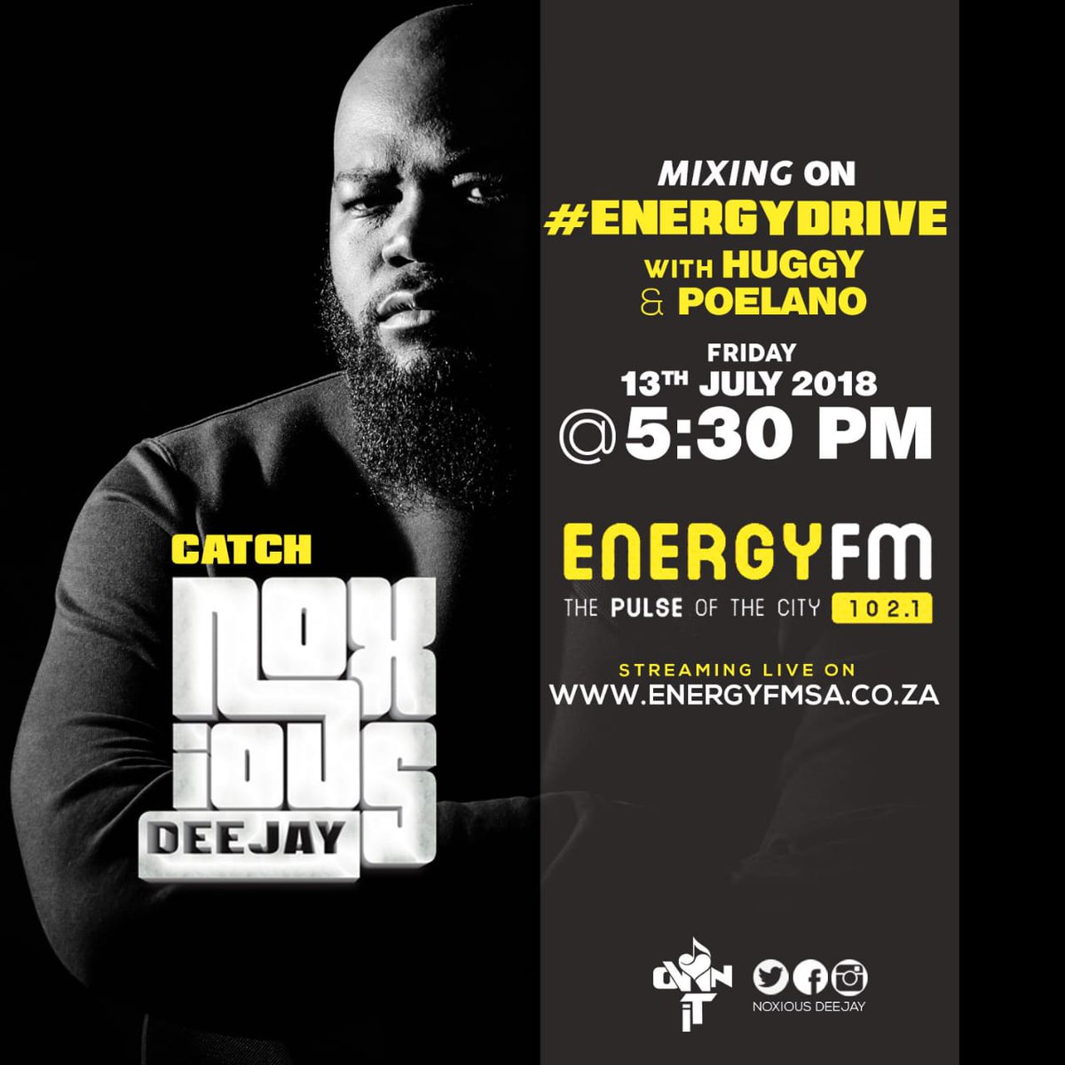 noxiousdeejay's tweet photo. Bafe2! I'm Mixin' on the #energydrive with Huggy & Poelano on @EnergyfmSA @ 5:30PM Today! stream on https://t.co/7oLnNbOhPB
#ownit #ngekekulunge #noxiousdj #ubabeswenumber #ubabeswentshebe https://t.co/5b6cEl8ahw