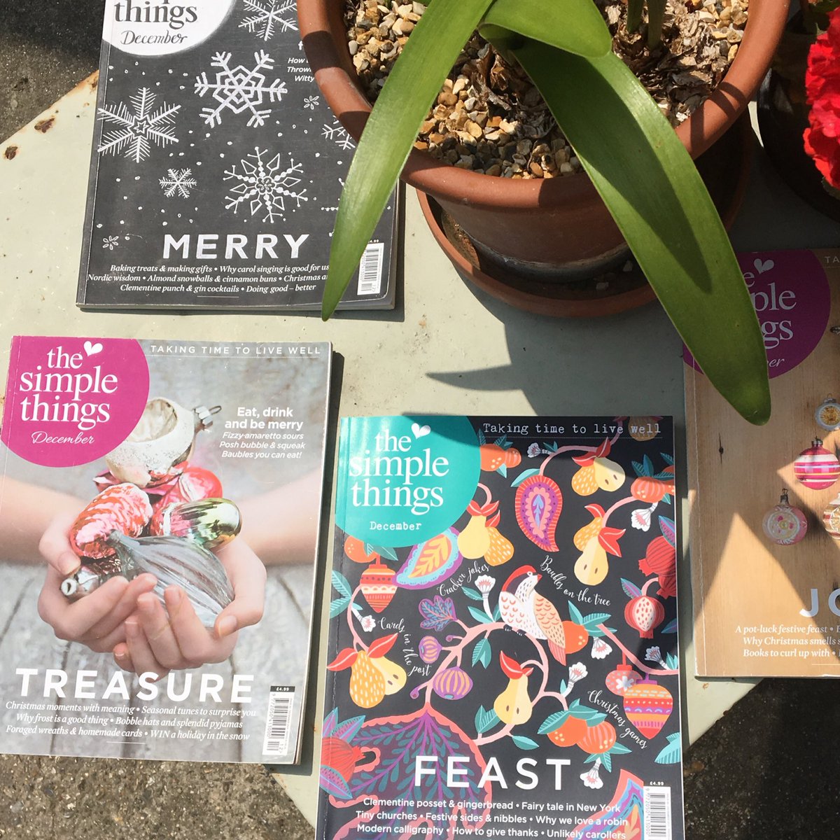 lisasthinks's tweet image. Sat in my garden in shorts looking @simplethingsmag Christmas issues before our festive planning meeting next week. Living in the moment? Some irony there, I feel. Fancy a mince pie now though. #ChristmasInJuly
