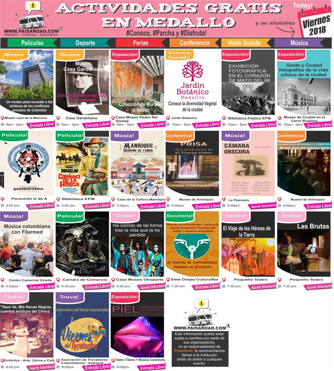 #HOY #VIERNES en #Medallo #GRATIS! 
#CINE #TEATRO #EXPOSICIONES #DOCUMENTAL #MÚSICA
#HoyEnMedellin #paisaroad #Medellin