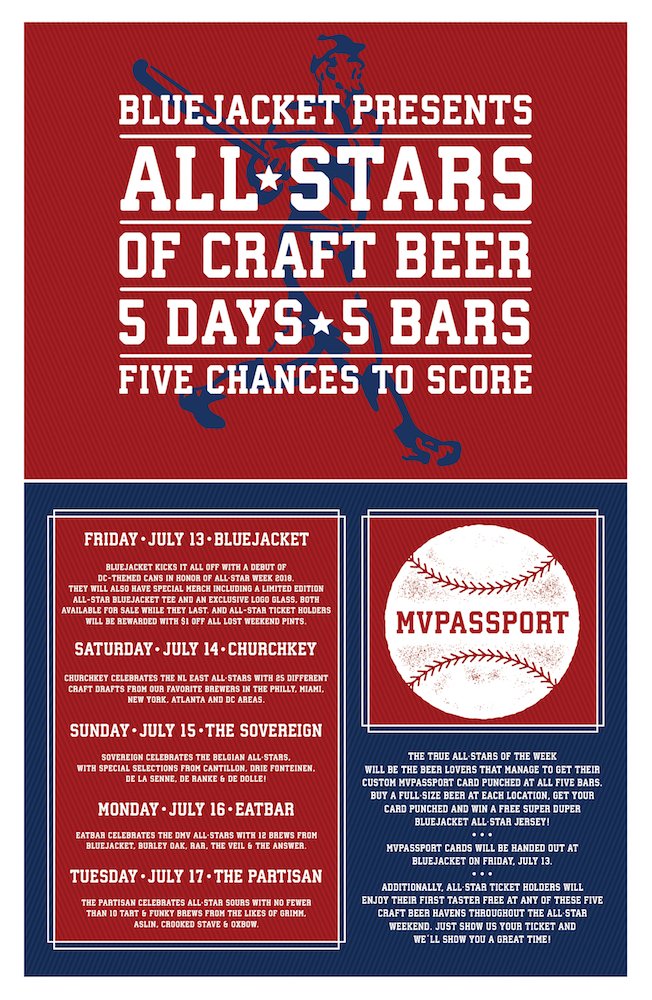 BluejacketDC's tweet photo. ALL-STARS OF CRAFT BEER LINEUP ⚾
Today: Bluejacket kickoff w/ special cans, MVPassport pickup + more
7/14: NL East All-Stars @churchkeydc 
7/15: #BEL All-Stars @TheSovereignDC 
7/16: DMV All-Stars @EatbarDC 
7/17: All-Star Sours @ThePartisanDC 
 #CraftBeerAllStars #AllStarWeek https://t.co/Tsl7hFUsJB