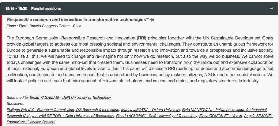 #ESOF2018 At 3.15 pm <a href="/angelasimone/">angelasimone</a> from <a href="/fgbassetti/">Fondazione Bassetti</a> will share <a href="/euSMARTmap/">euSMARTmap</a> experience in the panel "Responsible research and innovation in transformative technologies", together with <a href="/EmadYaghmaei/">Emad Yaghmaei</a>, <a href="/melaniesmallman/">usersuspendedaccount</a>, <a href="/philippegaliay/">philippe galiay</a>, #ElenaGonzalez, #IboVanDePoe #RRl #industry