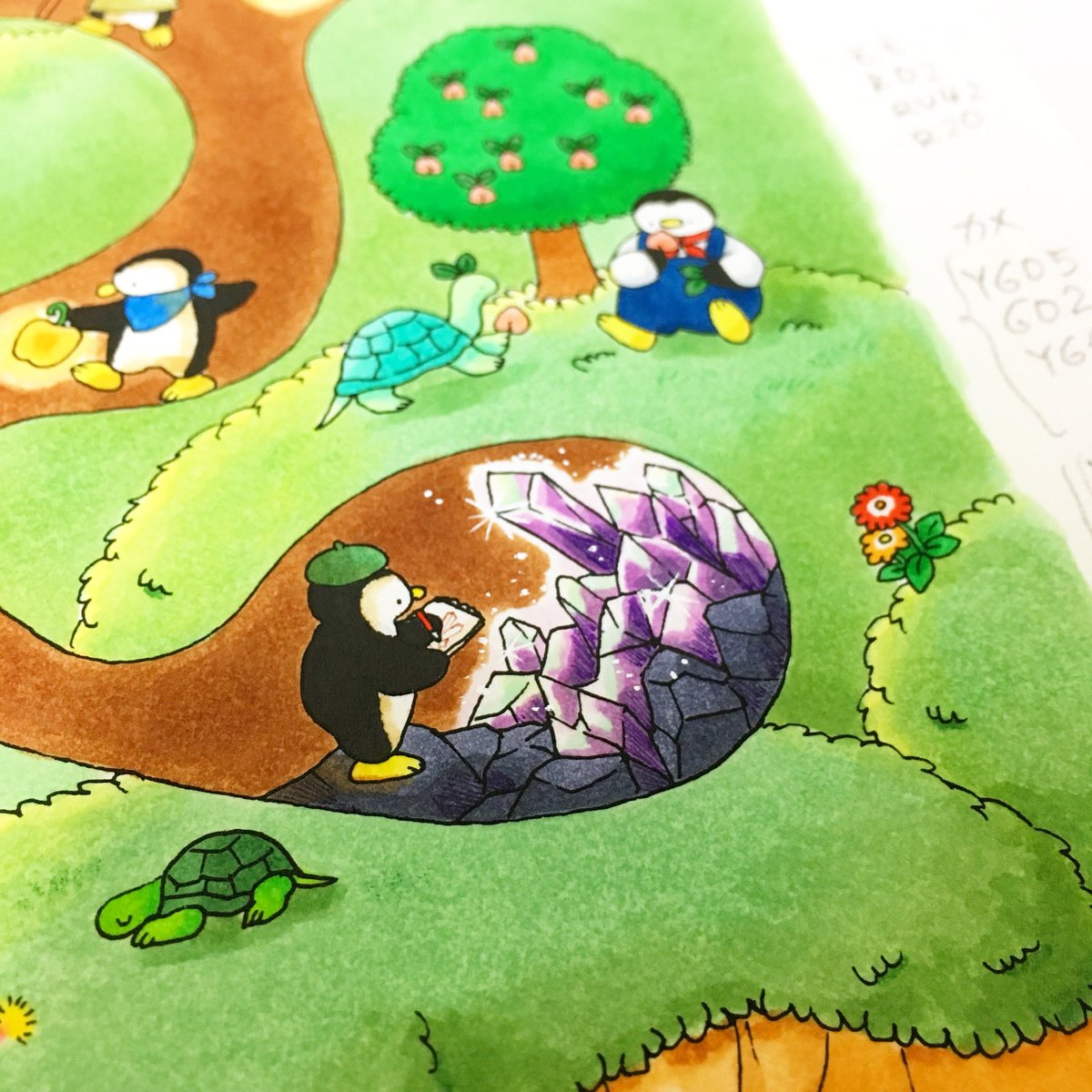 色鉛筆で草を描いたり、鉱石のところはホワイトを入れたりと、コピックに色んな画材を混ぜたりもします。 