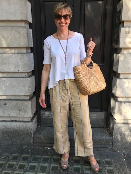 thomasin3's tweet photo. We are lucky enough to have a Noa Noa shop in Colchester..love their styles, colours and patterns...stripy trousers from there, top Two Danes, sandals Russell &amp; Bromley, necklace and bag old https://t.co/k6M6Th5Xm8