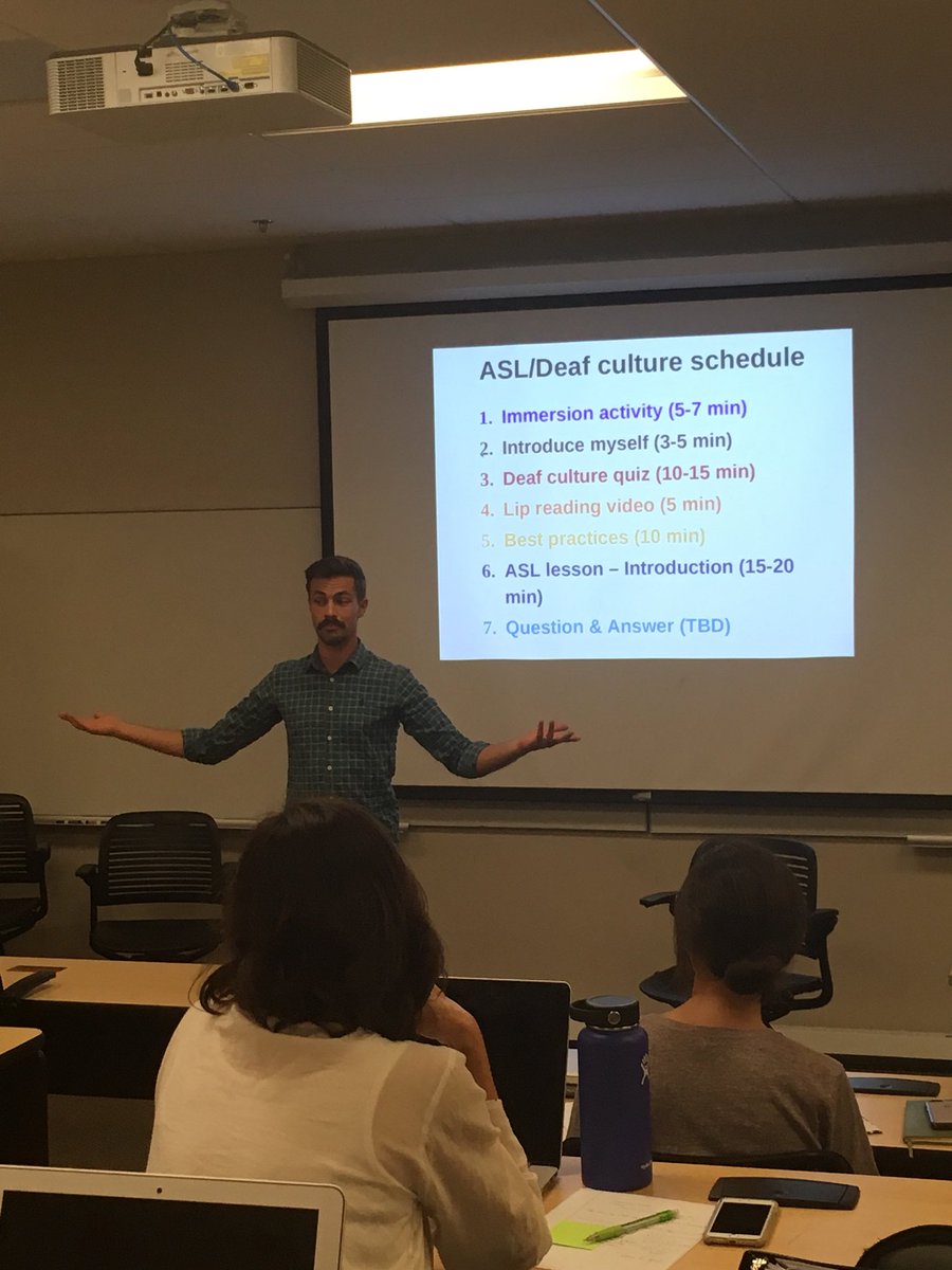 cicely_woodard's tweet photo. So thankful that Isaac Lederach, ASL teacher @westendmiddle, presented during my class @LipscombCofEd on diverse learners. He had us all laughing and engaged in thinking about being effective teachers of deaf students. @Slickrach #TnTOY2018 #diverseEdLU https://t.co/1UeZVN5CPo
