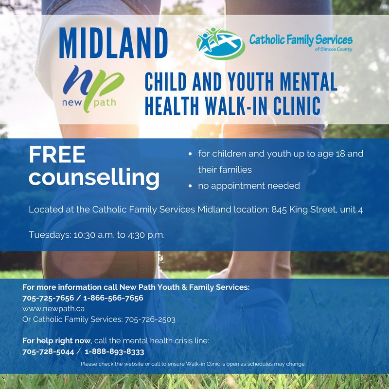In collaboration with Catholic Family Services of Simcoe County @CounselorSimcoe, we are pleased to announce a Walk-In Clinic in the Town of Midland. This pilot project will run from June - December 2018.
Learn more about this and all our services at newpath.ca/services