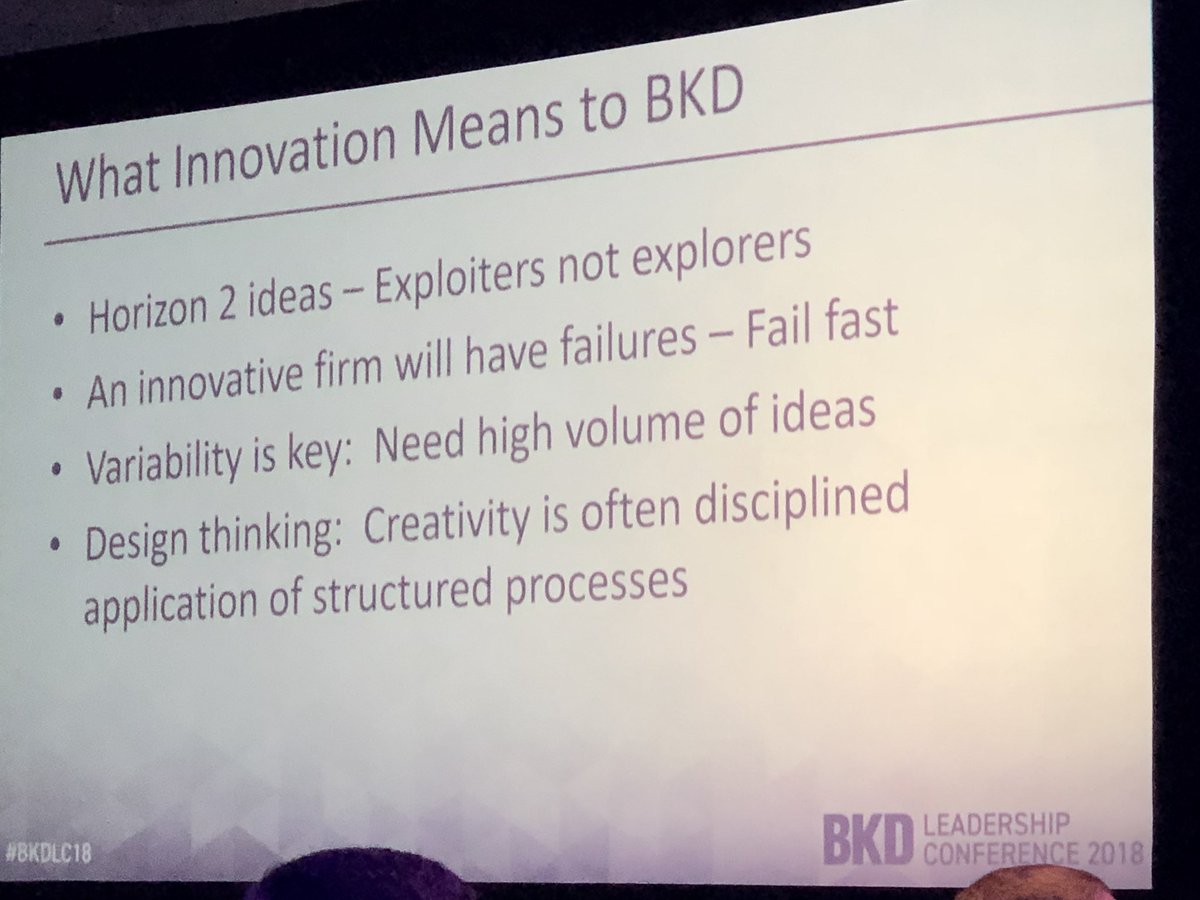 Hey <a href="/BKDLLP/">Forvis</a> nation - our innovation panel at #BKDLC18 is right on point for our efforts and our #discipline advantage!  Watch for updates to the Principled Innovation chapter of Unmatched Client Service that align!