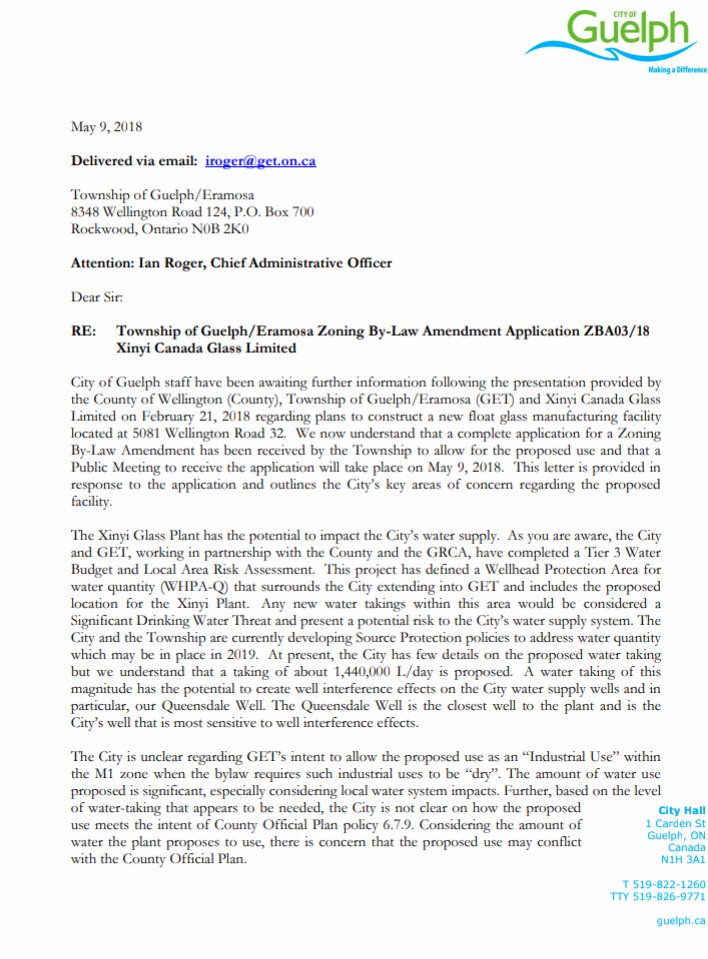GetconcernedO's tweet photo. @cityofguelph letter to @GuelphEramosa re xinyi glass plant...it took Mayor White over 6 weeks to read...why? When clear legit concerns raised? "Significant Drinking Water Threat...risk to the city's water supply system.." #GETconcerned #WhoAreTheyWorkingFor? #SaveOurWater https://t.co/nDW50fRsuu