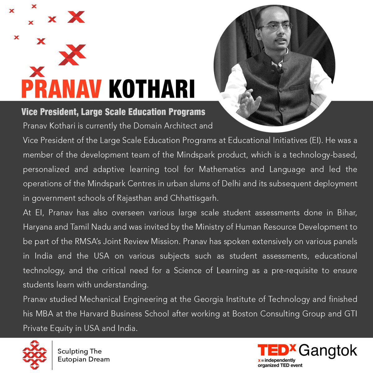TEDxGangtok's tweet photo. |TEDxGangtok Speaker Launch|
Pranav Kothari:
A former member of the development team of Mindspark product, Pranav Kothari is currently the Domain Architect and Vice President of the Large Scale Education Programes at Educational Initiatives(EI)
#TEDxGangtok #tedx #sikkim #gangtok https://t.co/evQKV7AZJP