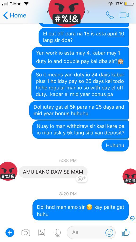 marchbuzzzmeeon's tweet photo. So this is what the HR and accounting office would respond to my concern 🙄 “ amo lang se????” WTF i worked without being paid for 24 days and you will compensate me with just 5k???? Napakabuaya naman ng ZAMBOANGA PENINSULA MEDICAL CENTER..hiyang hiya talaga ako sa inyo 🤬🤬🤬🤬 https://t.co/3paRqR1ZCz