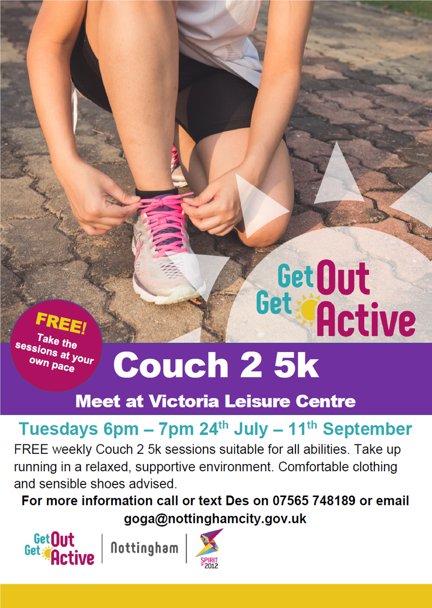 GOGANottm's tweet photo. Starting on Tuesday 24th July, 6pm - 7pm, a FREE 8 week Couch 2 5k programme suitable for all abilities. The group will meet at Victoria Leisure Centre led by friendly run leader Des. For more information call or text Des on 07565 748189 or email goga@nottinghamcity.gov.uk. https://t.co/AXwQmJ5wYD